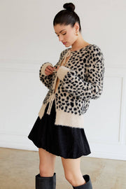 FRONT TIE DETAIL LONG SLEEVE ANIMAL CARDIGAN
