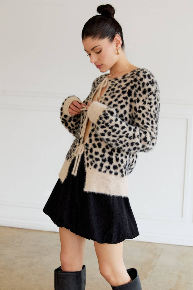 FRONT TIE DETAIL LONG SLEEVE ANIMAL CARDIGAN