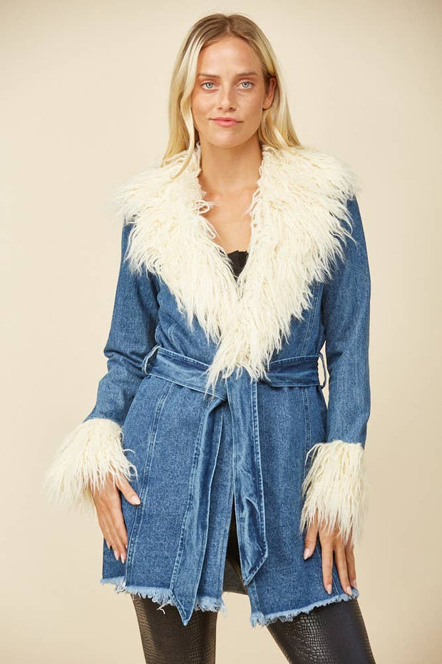 FAUX FUR DENIM MIDI COAT