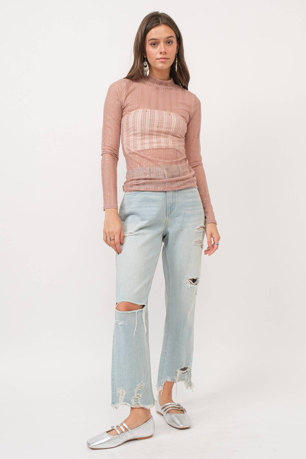 Metallic Thread Star Stripe Mesh Mock Neck Top