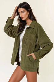 Olive Corduroy Front Button Down Oversized Jacket