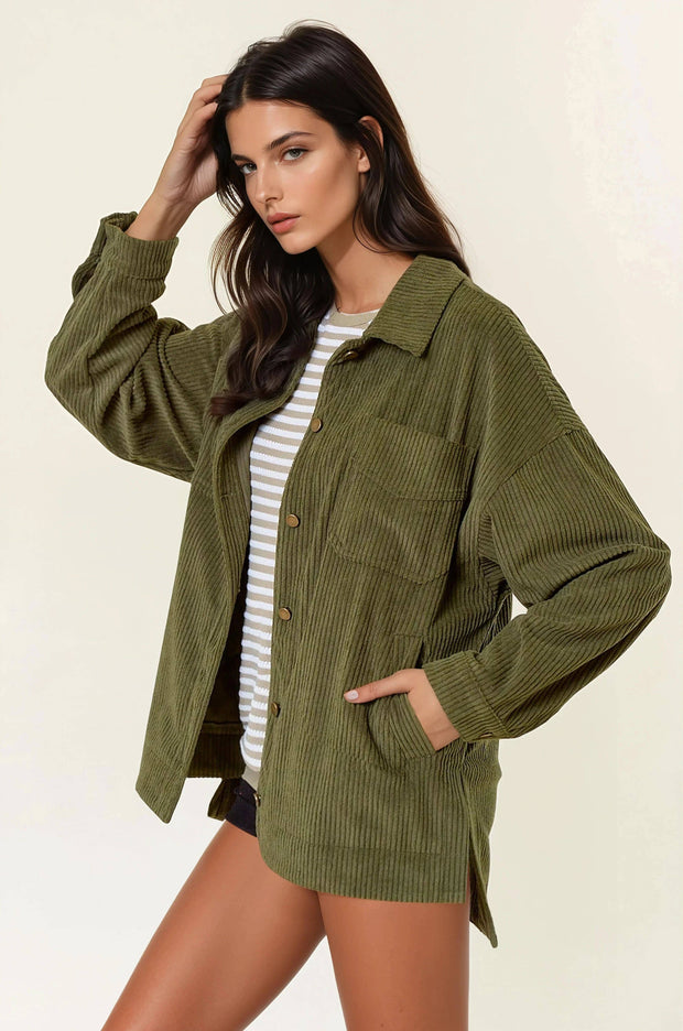 Olive Corduroy Front Button Down Oversized Jacket