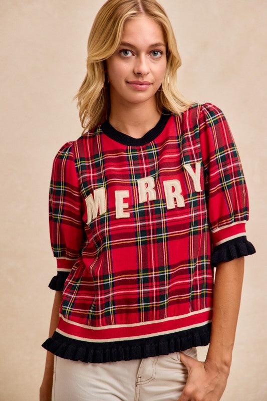 MERRY Plaid top with sweater cuffs