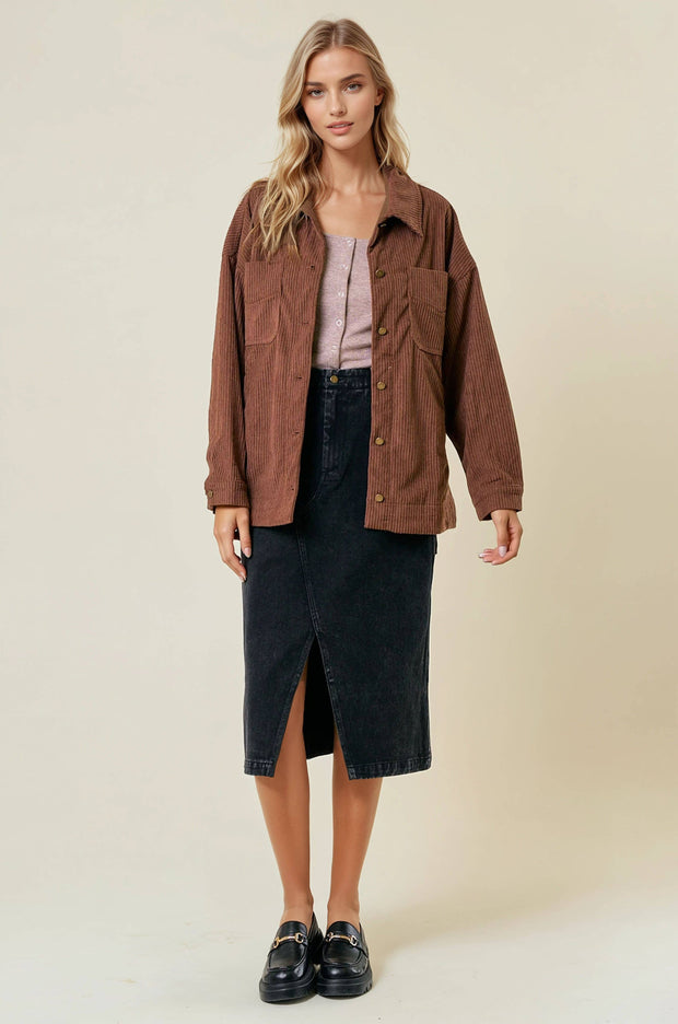 Olive Corduroy Front Button Down Oversized Jacket