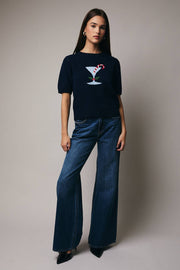 Holiday Martini Cocktail GRAPHIC SWEATER TOP- dark navy