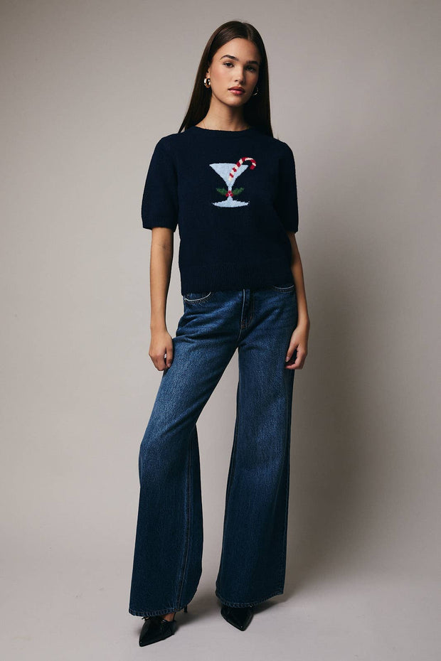 Holiday Martini Cocktail GRAPHIC SWEATER TOP- dark navy