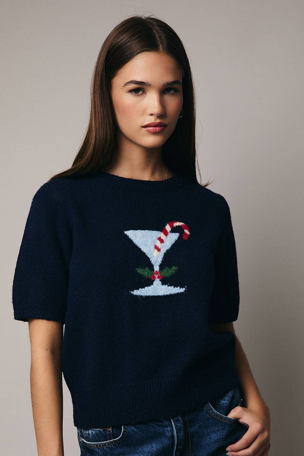 Holiday Martini Cocktail GRAPHIC SWEATER TOP- dark navy