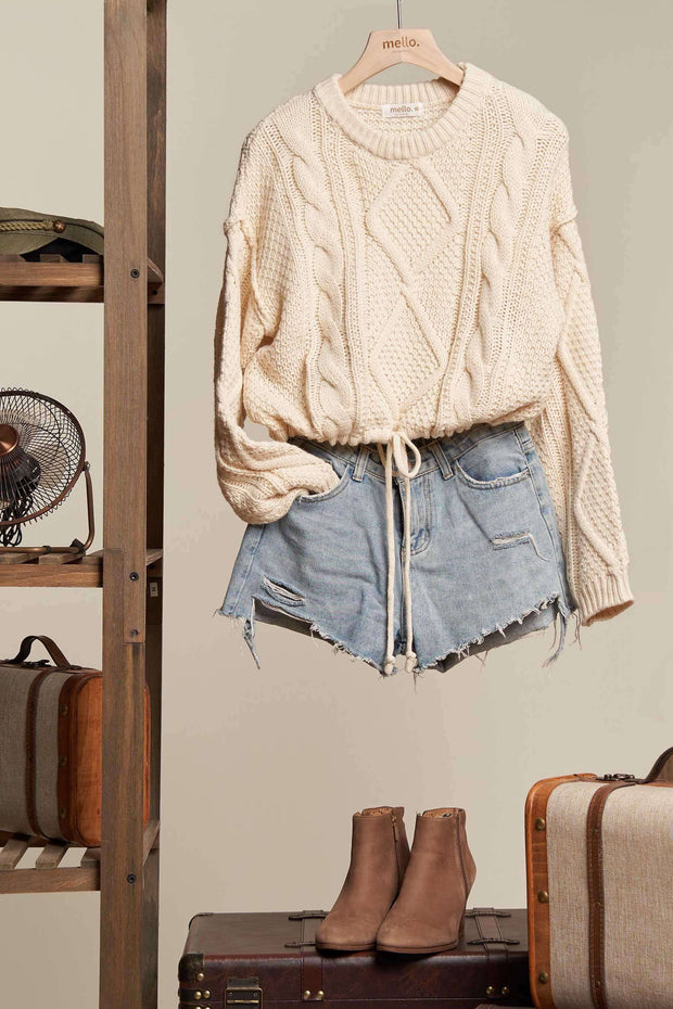 Cable Knit Drawstring Bottom Sweater