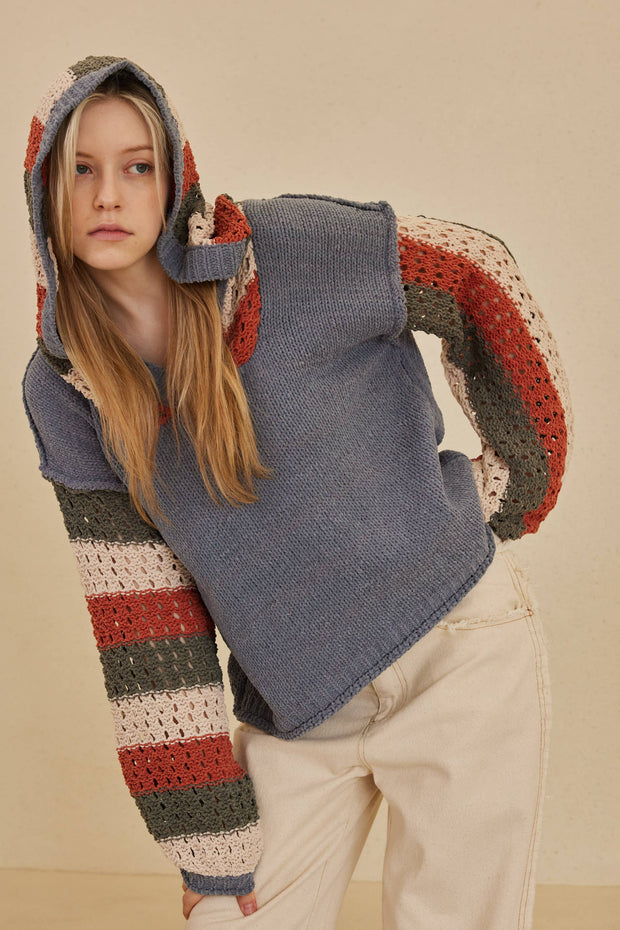 Hooded Stripe Crochet Detailed Sweater: Navy-Multi