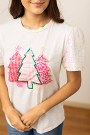 Christmas Tee-Sequin Trees on White Sequin Sleeve Top