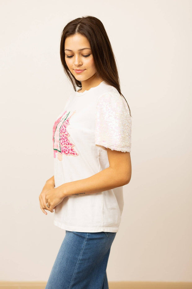 Christmas Tee-Sequin Trees on White Sequin Sleeve Top