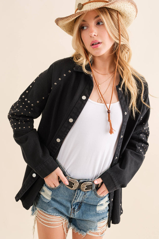 Studded Elbow Chevron Back Oversized Twill Jacket BLACK