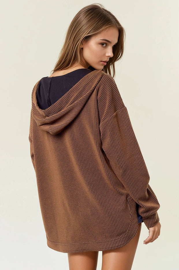 V-Neckline Long Sleeve Hooded Sweatshirt