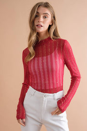 Metallic Thread Star Stripe Mesh Mock Neck Top