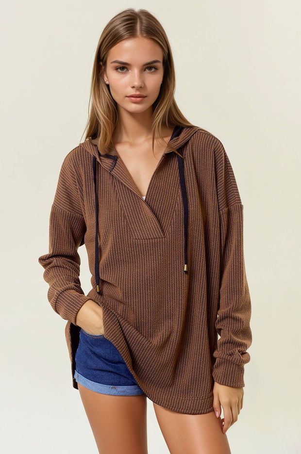 V-Neckline Long Sleeve Hooded Sweatshirt