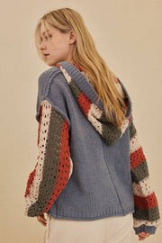 Hooded Stripe Crochet Detailed Sweater: Navy-Multi