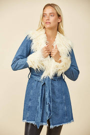FAUX FUR DENIM MIDI COAT