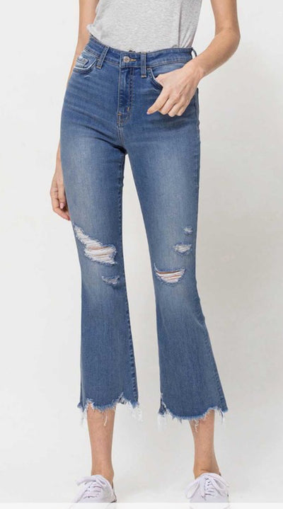 Vervet distressed high rise crop flare jean