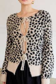 FRONT TIE DETAIL LONG SLEEVE ANIMAL CARDIGAN