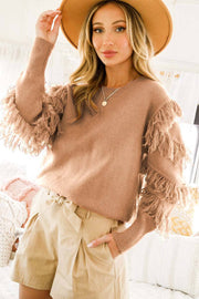 Tied String Tassel Casual Knit Sweater in Taupe