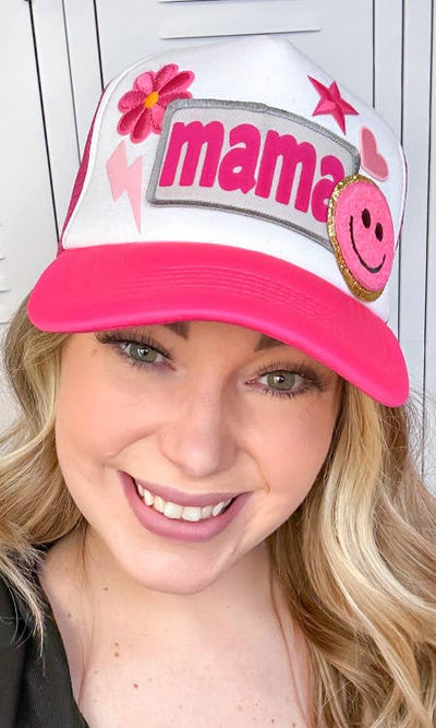 Sugar Stitch - Mama Patch Trucker Hat: White/Hot Pink