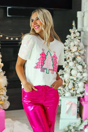 Christmas Tee-Sequin Trees on White Sequin Sleeve Top