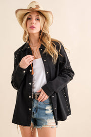 Studded Elbow Chevron Back Oversized Twill Jacket BLACK