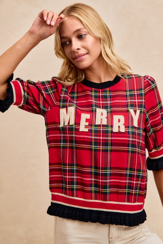 MERRY Plaid top with sweater cuffs
