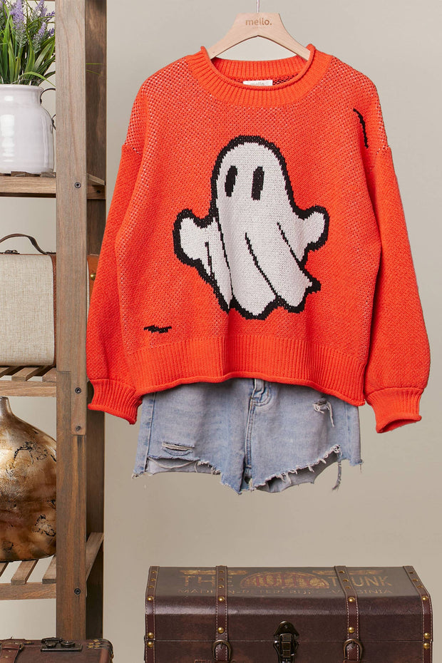 Halloween Spooky but Sweet Face Ghost Knit Sweater