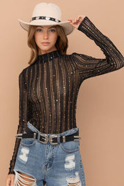 Metallic Thread Star Stripe Mesh Mock Neck Top