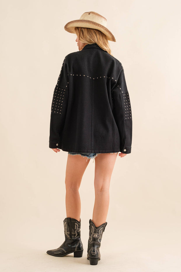 Studded Elbow Chevron Back Oversized Twill Jacket BLACK