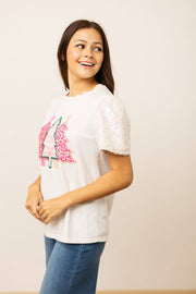 Christmas Tee-Sequin Trees on White Sequin Sleeve Top