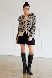 FRONT TIE DETAIL LONG SLEEVE ANIMAL CARDIGAN