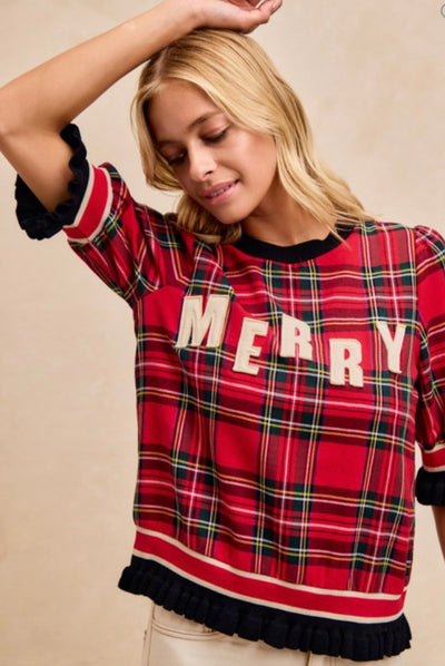 MERRY Plaid top with sweater cuffs