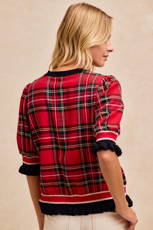 MERRY Plaid top with sweater cuffs