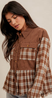 Corduroy and Plaid Mixed Top