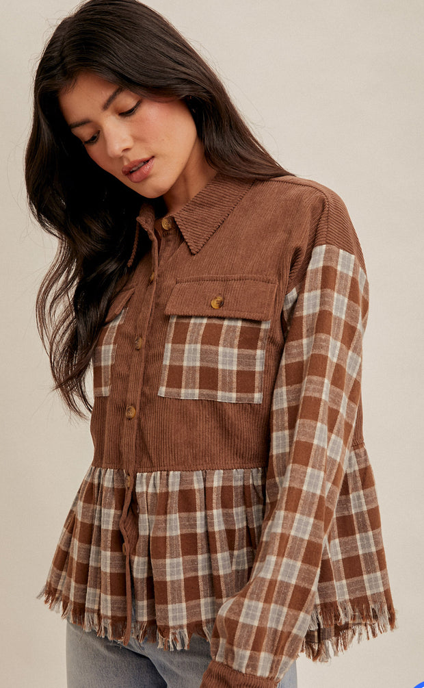 Corduroy and Plaid Mixed Top