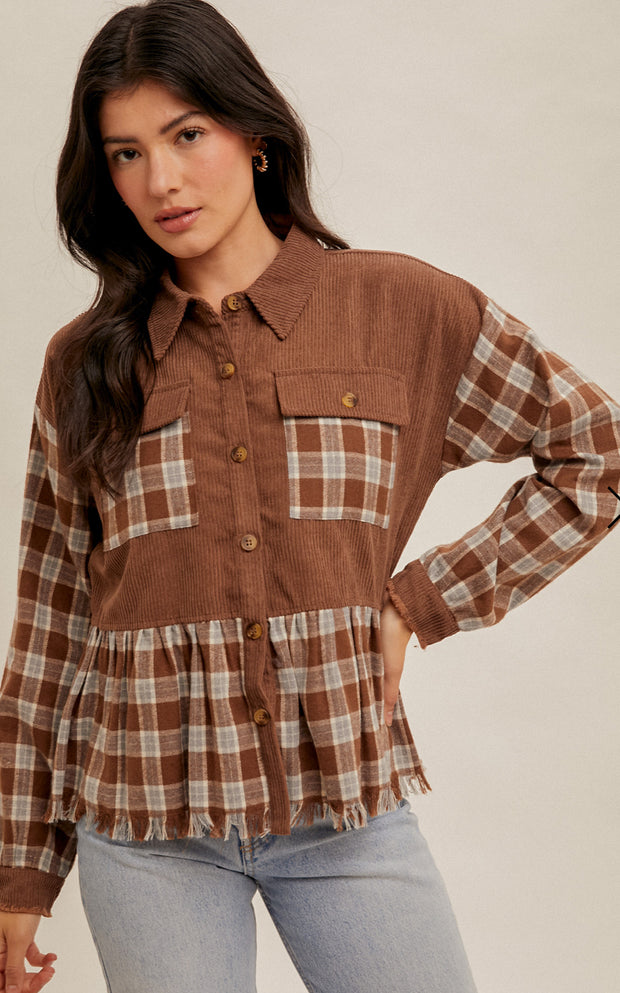 Corduroy and Plaid Mixed Top