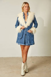 FAUX FUR DENIM MIDI COAT