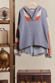 Hooded Stripe Crochet Detailed Sweater: Navy-Multi