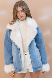 Fur Collar Cuff Over sized Washed Denim Jacket