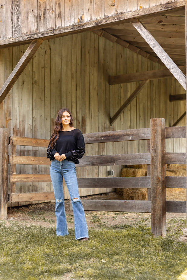 Black Waffle Knit Top with Mesh and Sequin Details