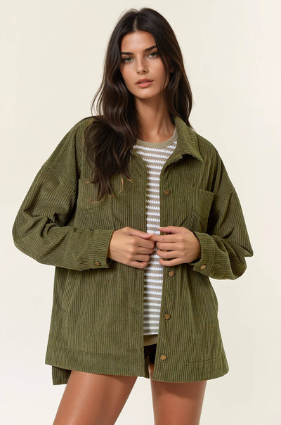 Olive Corduroy Front Button Down Oversized Jacket