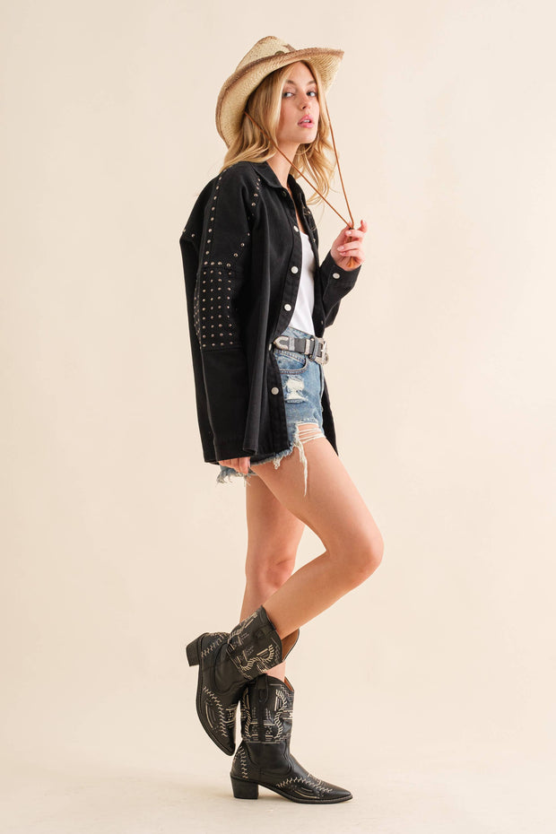 Studded Elbow Chevron Back Oversized Twill Jacket BLACK