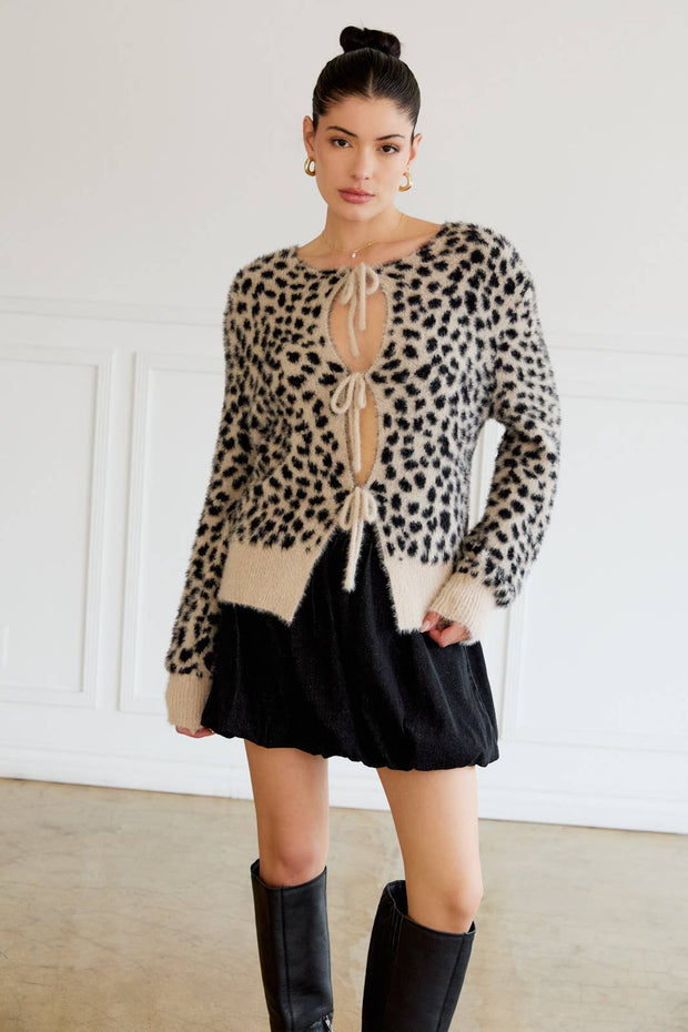 FRONT TIE DETAIL LONG SLEEVE ANIMAL CARDIGAN