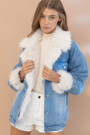 Fur Collar Cuff Over sized Washed Denim Jacket