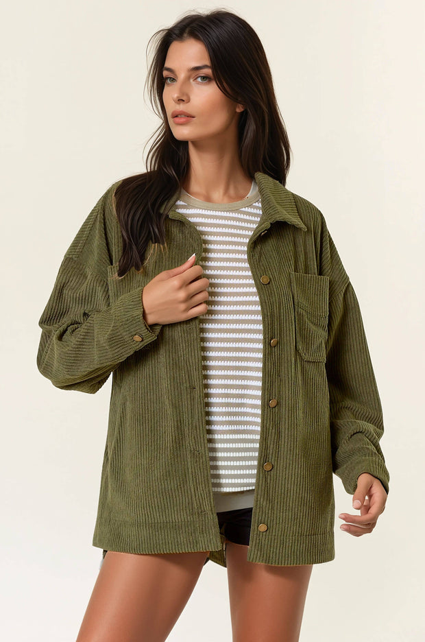 Olive Corduroy Front Button Down Oversized Jacket