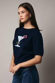 Holiday Martini Cocktail GRAPHIC SWEATER TOP- dark navy