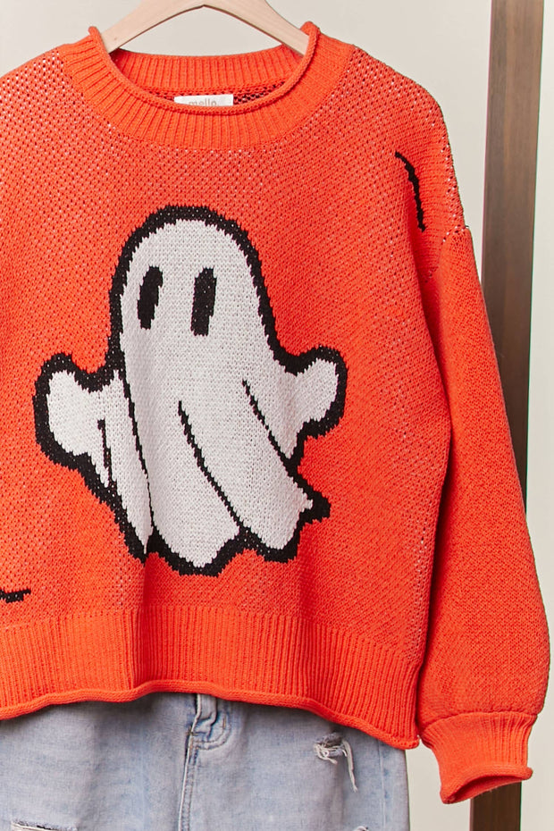 Halloween Spooky but Sweet Face Ghost Knit Sweater