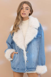 Fur Collar Cuff Over sized Washed Denim Jacket